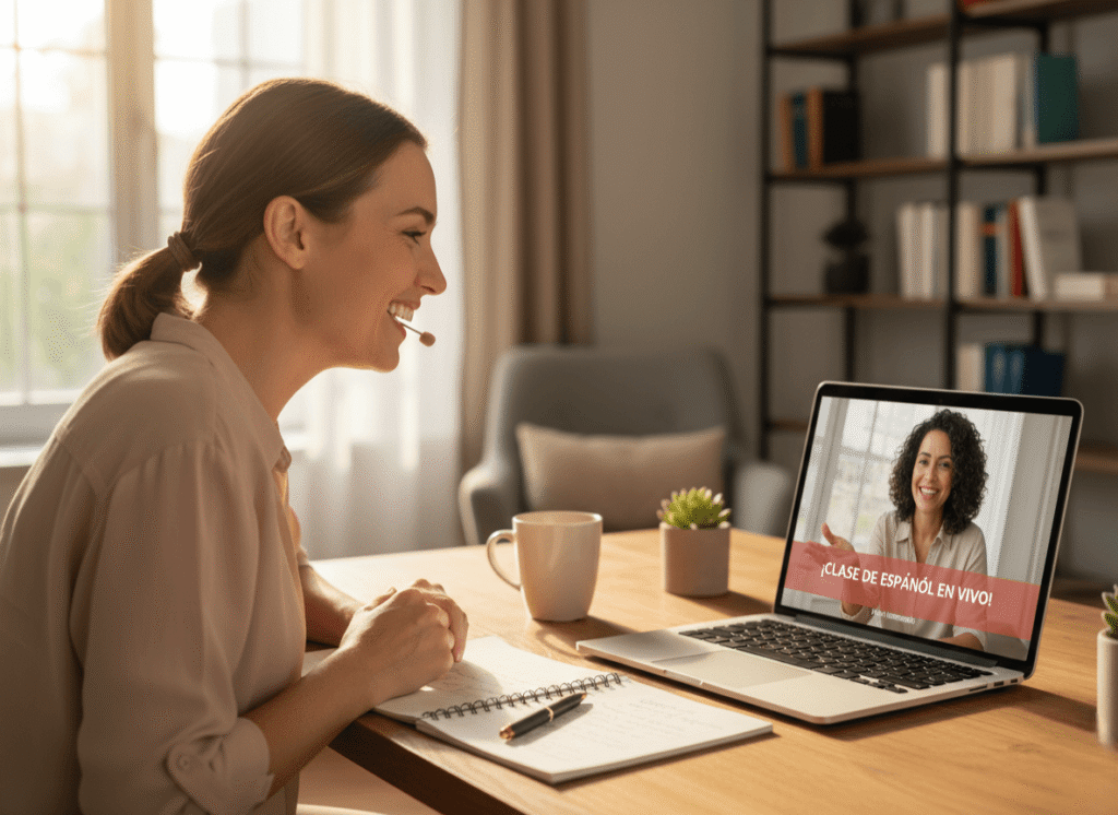 foreign student in live online Spanish class Spanish language structured program modules Praxis Spanish method conversation coaching student speaking Spanish confidently online
