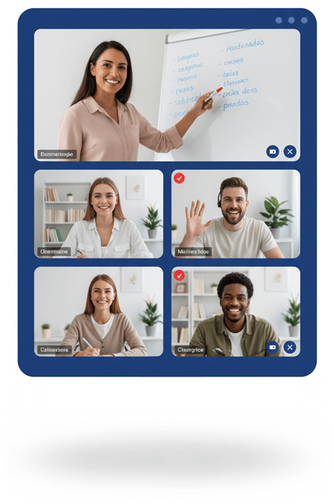 foreign student in live online Spanish class Spanish language structured program modules Praxis Spanish method conversation coaching student speaking Spanish confidently online